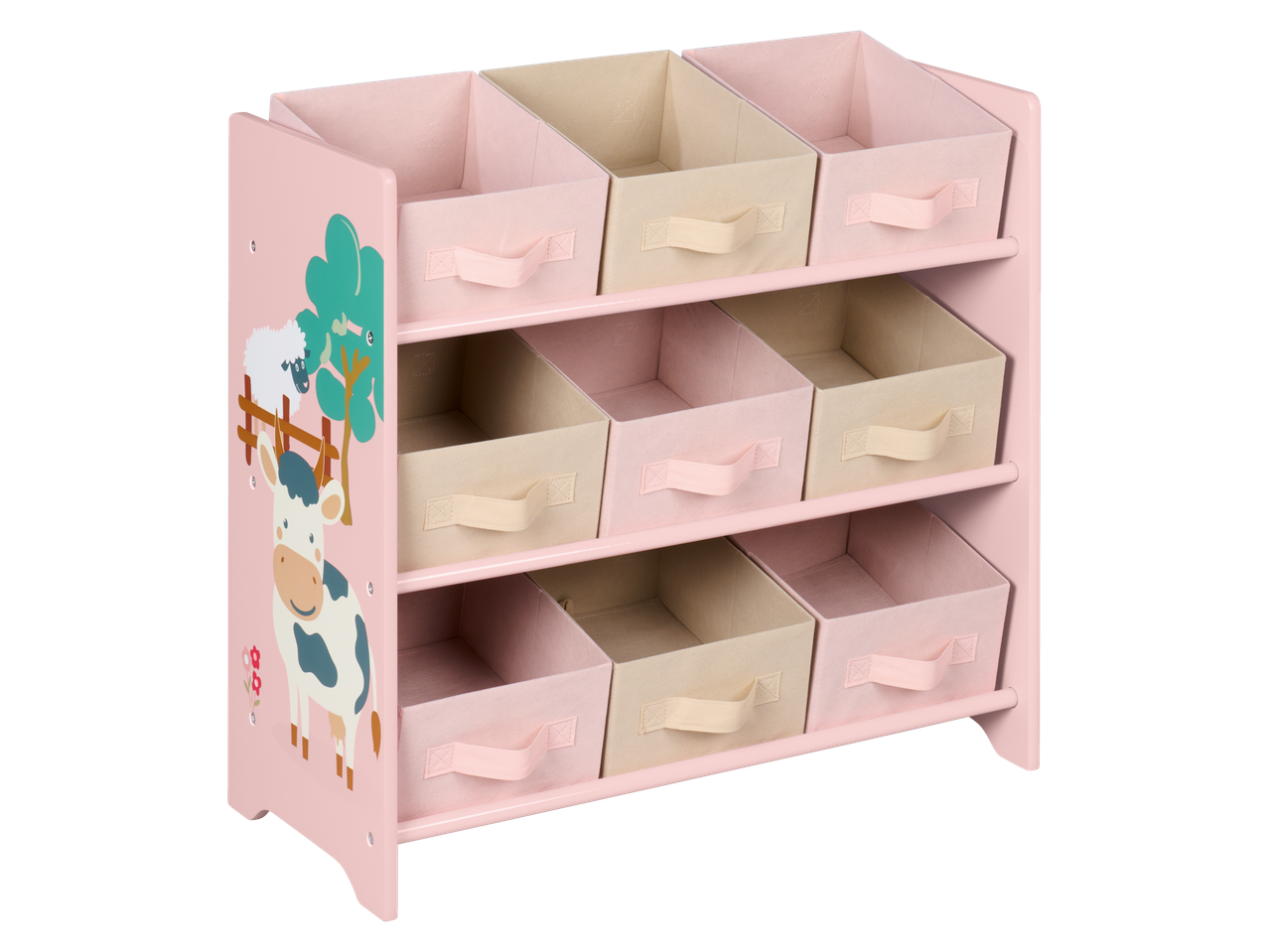 Estante rosa LIVARNO com nove caixas de tecido em tons pastel e tema de animais de quinta.
