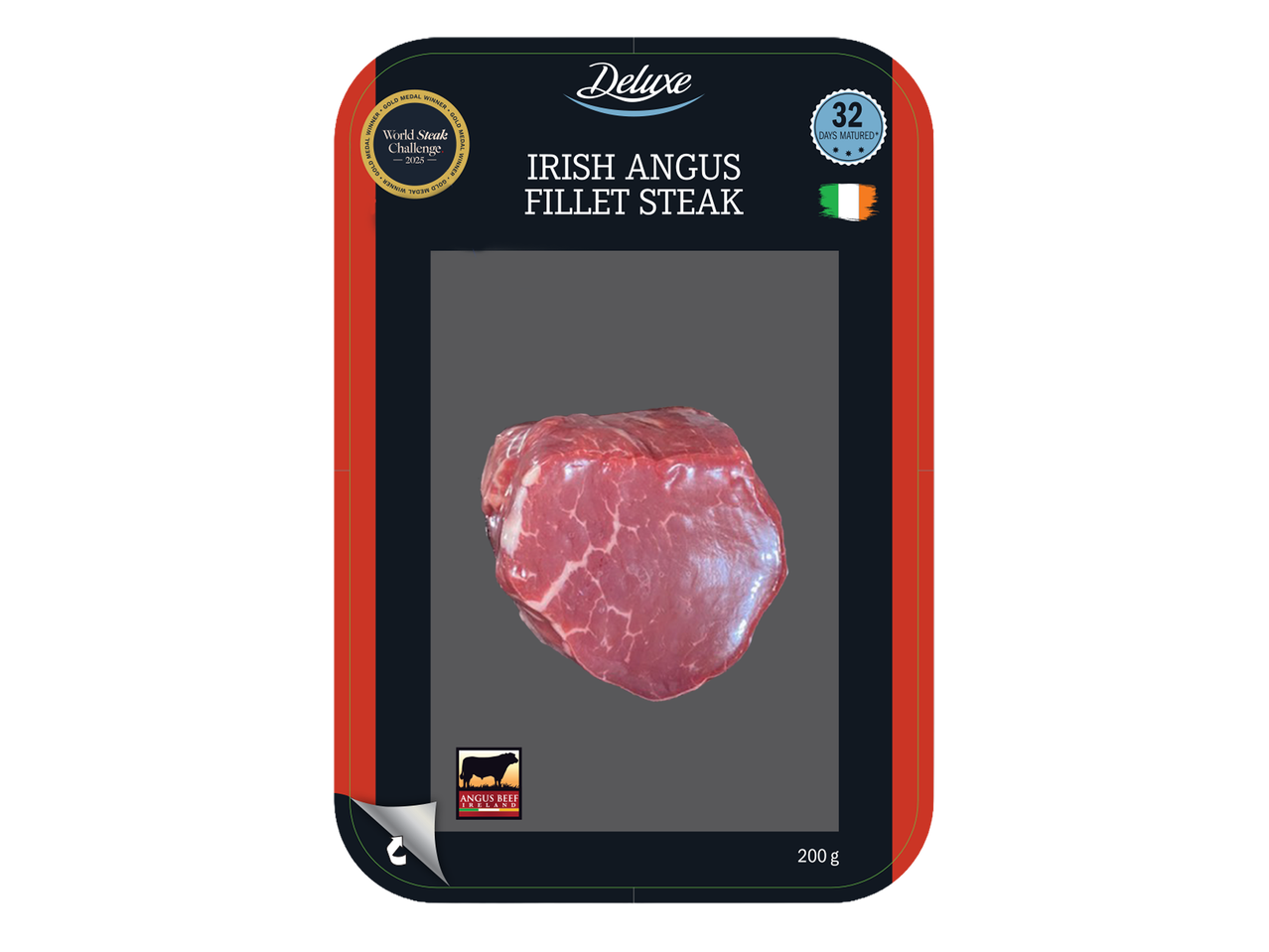 Filet de bœuf Angus irlandais emballé, avec la mention « 32 jours de maturation » et « World Steak Challenge 2025 ».