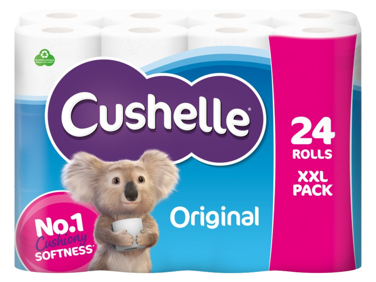 A pack of 24 toilet paper rolls with a koala mascot, labeled 'Original' and 'No.1 Cushiony Softness'.