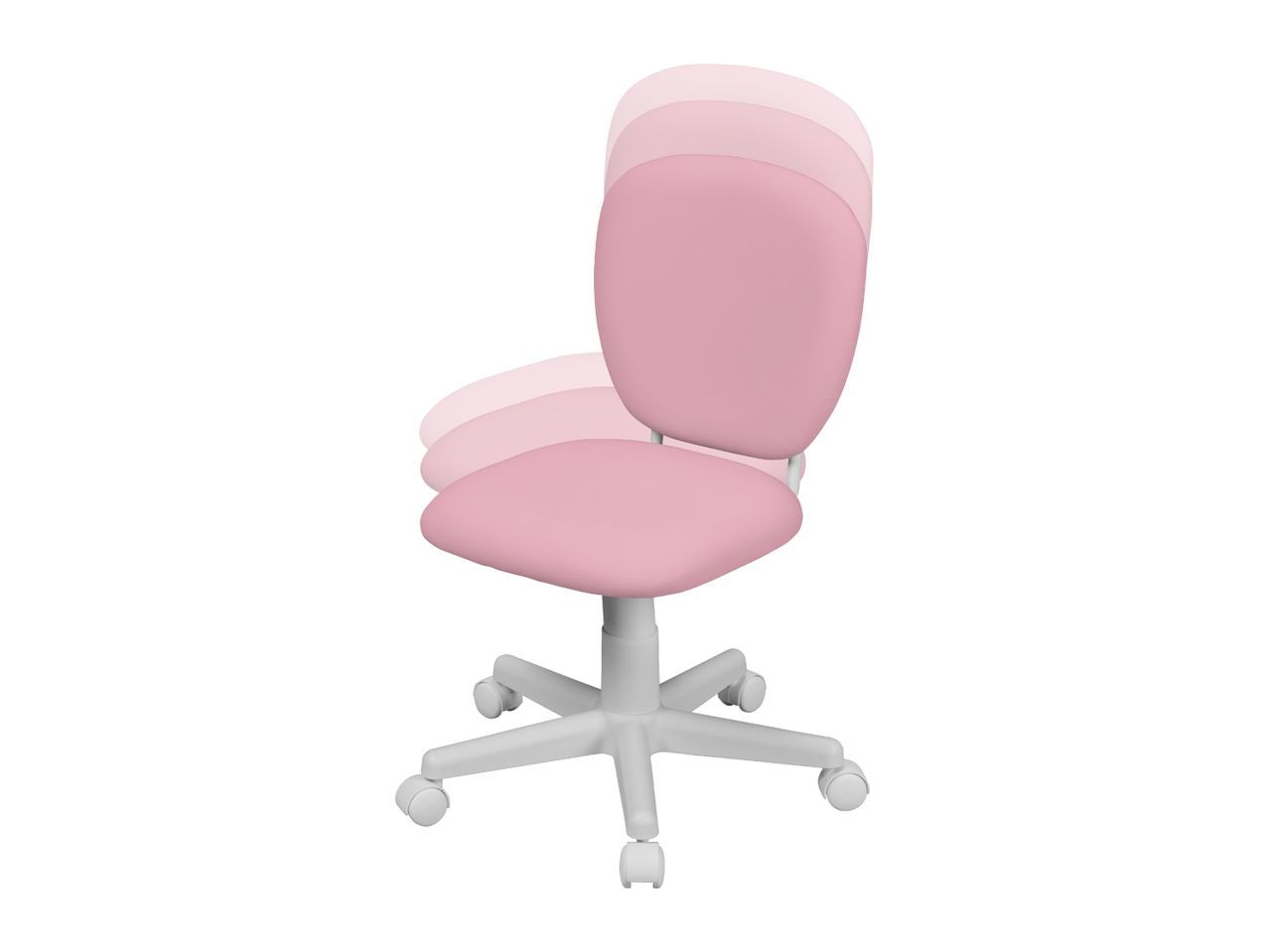 Pink children's desk chair with adjustable backrest and wheels.
