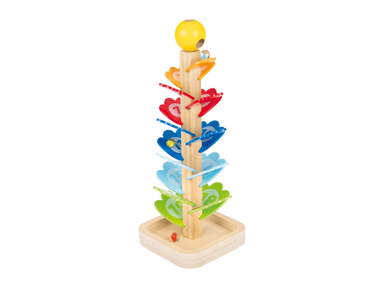 Wooden marble run with colorful, numbered leaf-shaped tracks and marbles.