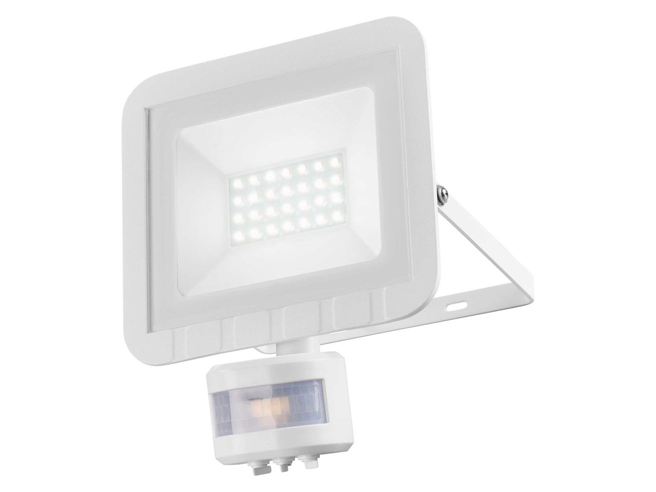 Fehér LED-es reflektor mozgásérzékelővel, fehér háttér előtt.