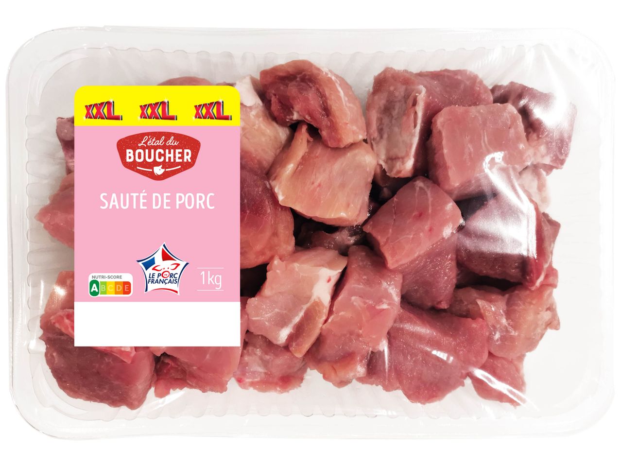 1 kg de sauté de porc de L'étal du Boucher, en morceaux, dans un emballage plastique transparent.