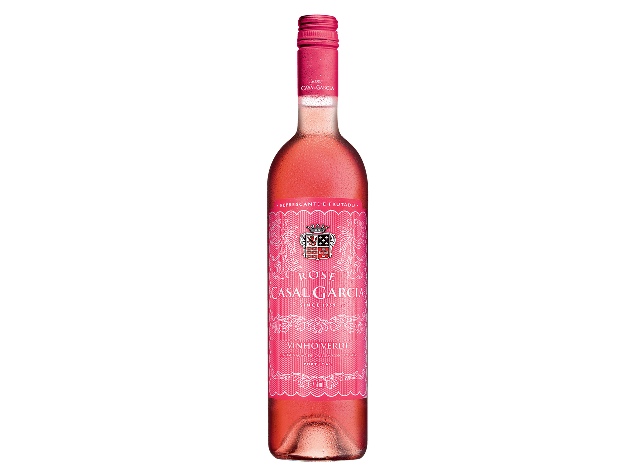 Garrafa de vinho rosé Casal Garcia, com rótulo rosa e detalhes em branco.