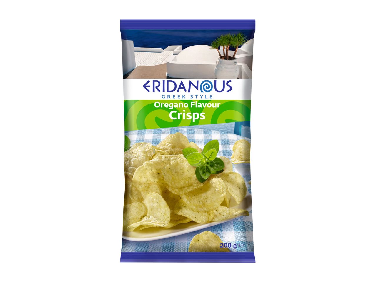 Eridanus Greek Style Oregano Flavour Crisps, 200g bag.