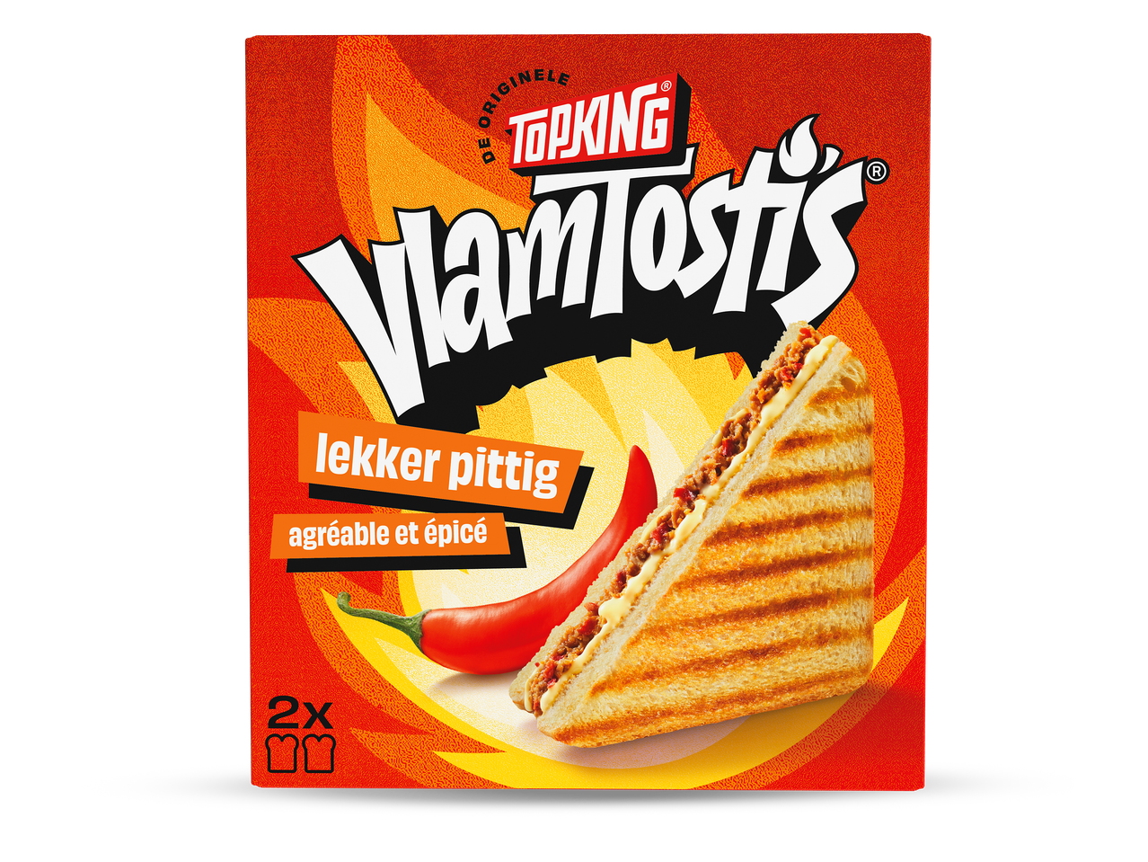 Verpakking van twee pittige tosti's met chilipeper op een vlammenachtergrond.