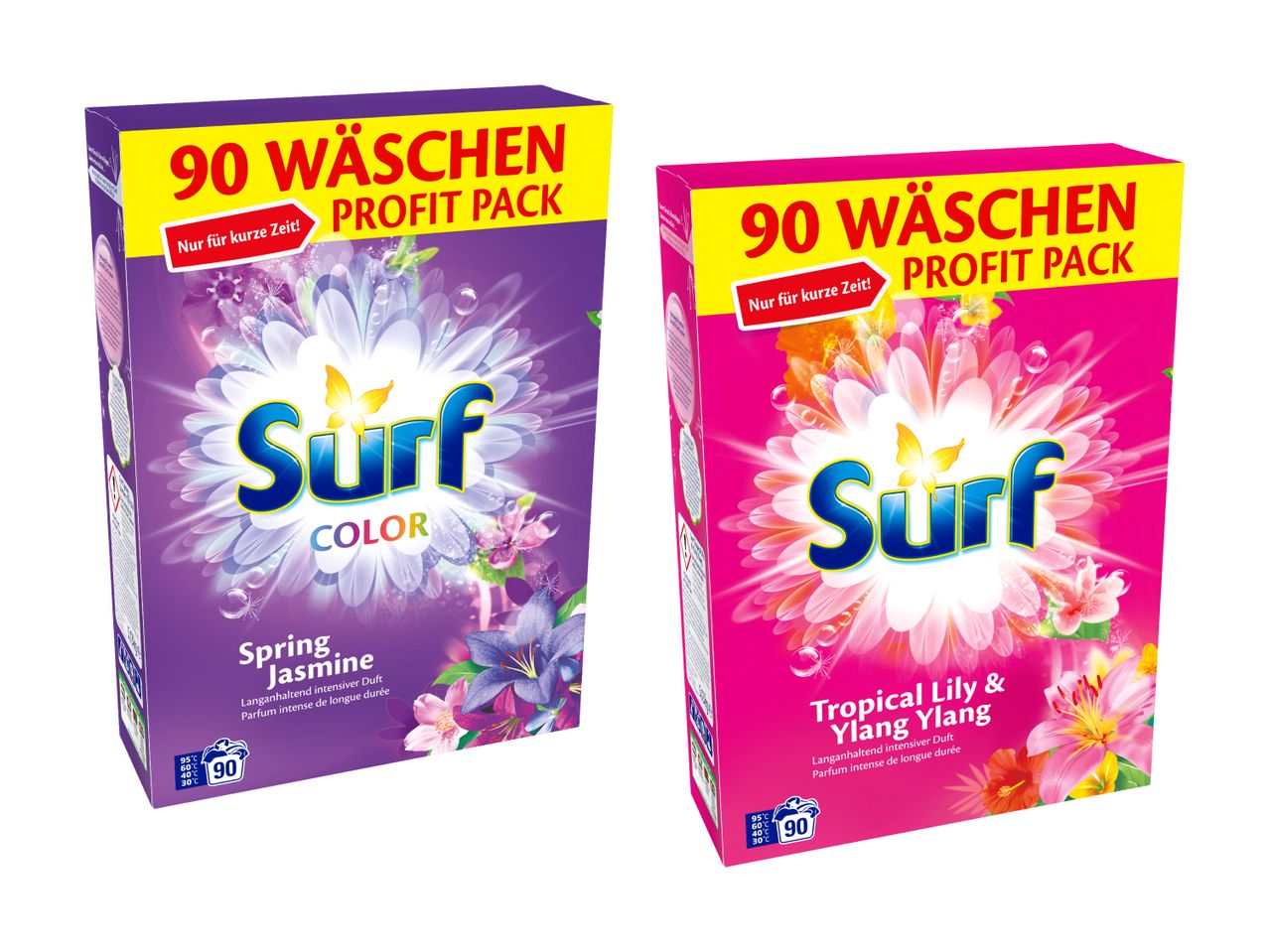 Zwei Surf Color 90-Wäsche-Profitpacks: Frühlingsjasmin und tropische Lilie.