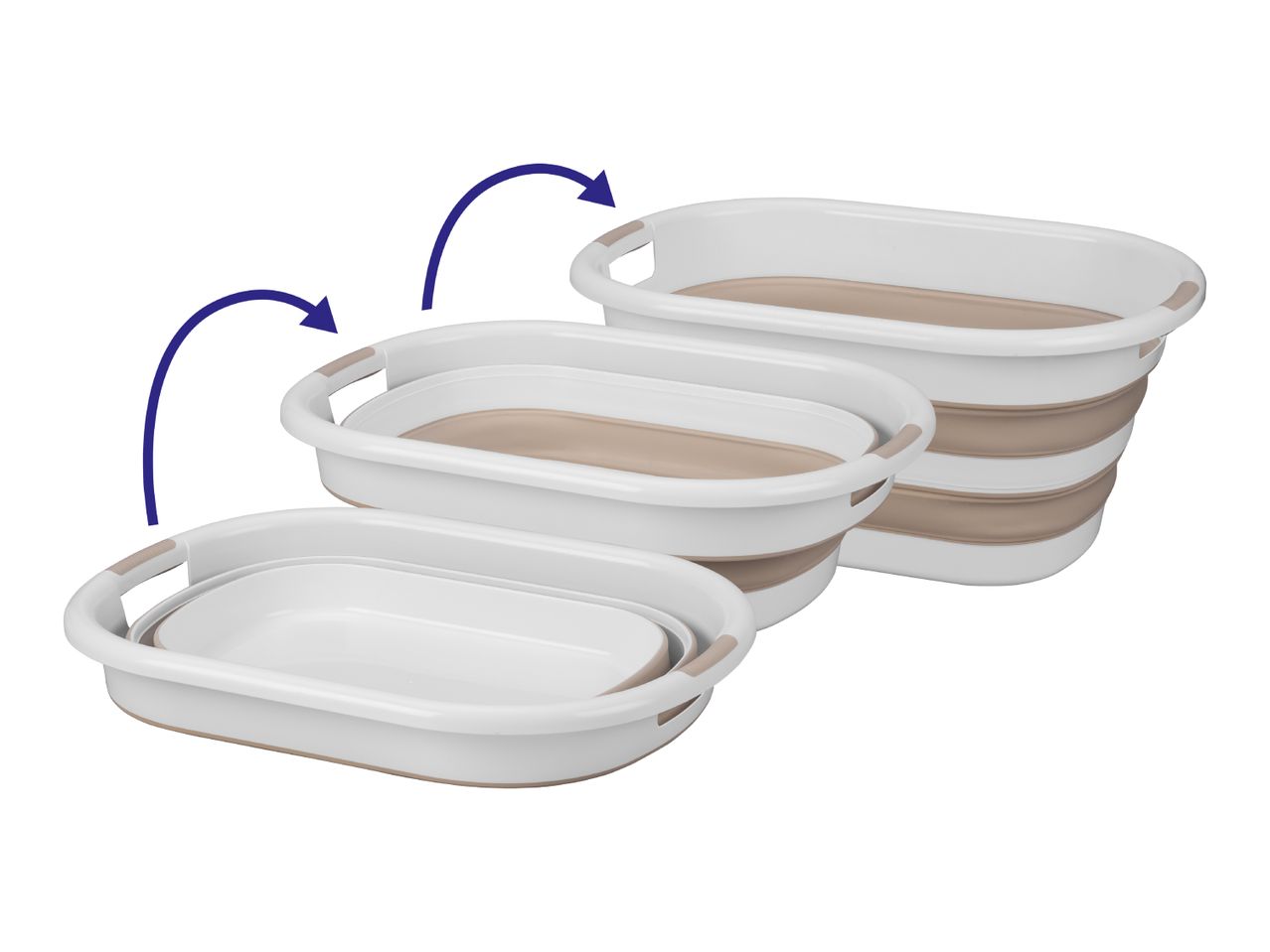 Three collapsible laundry baskets in various stages of folding, from flat to fully expanded.