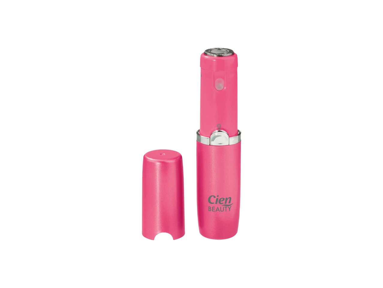 Pink facial hair remover with a cap next to it