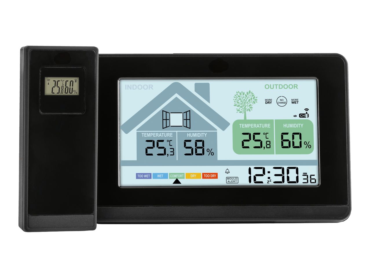 Digital indoor and outdoor thermometer and hygrometer with mould alert and clock