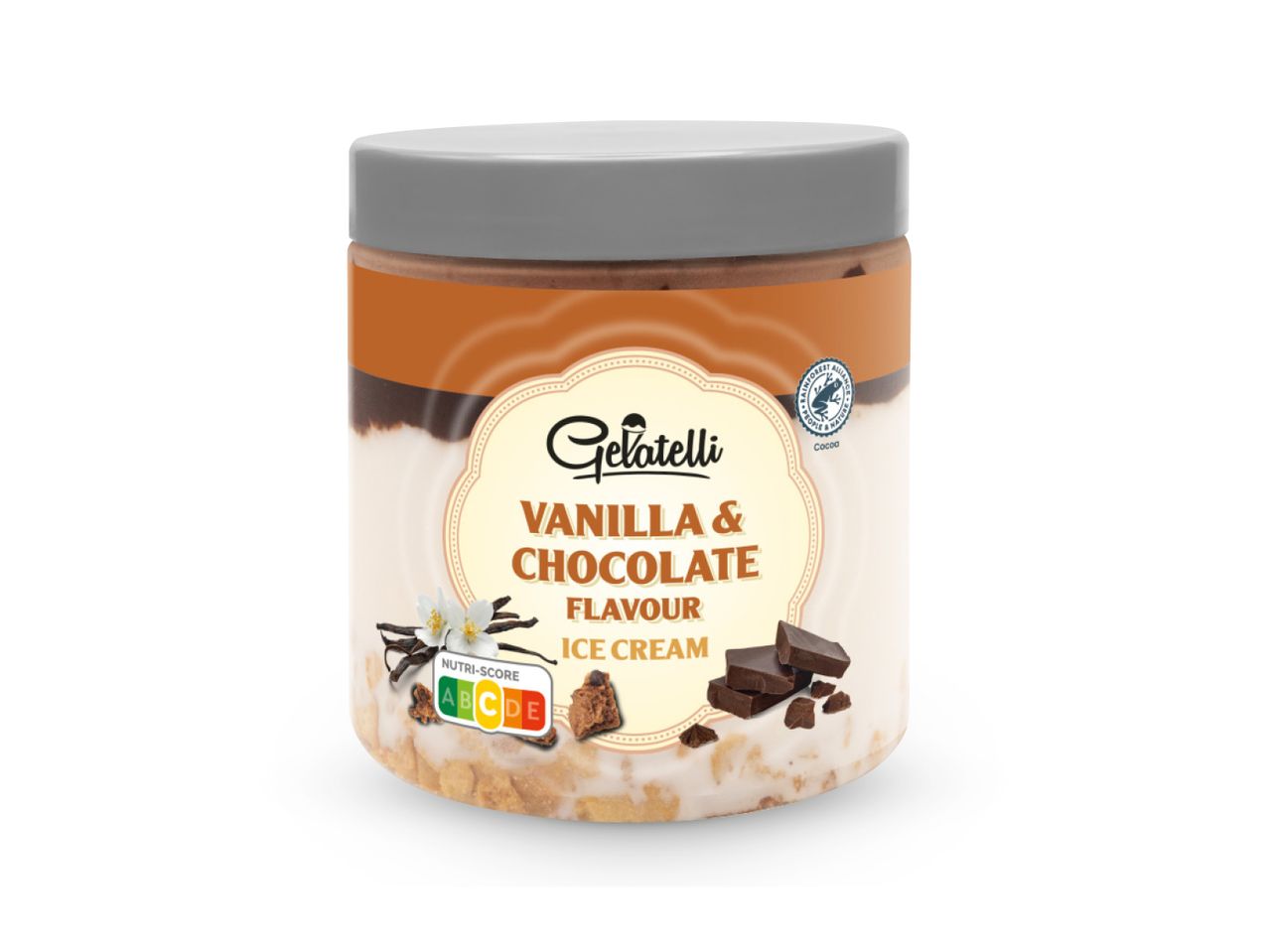 Gelatelli sladoled od vanilije i čokolade u staklenci.