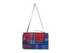 Folded picnic blanket with red and blue plaid pattern and shoulder strap