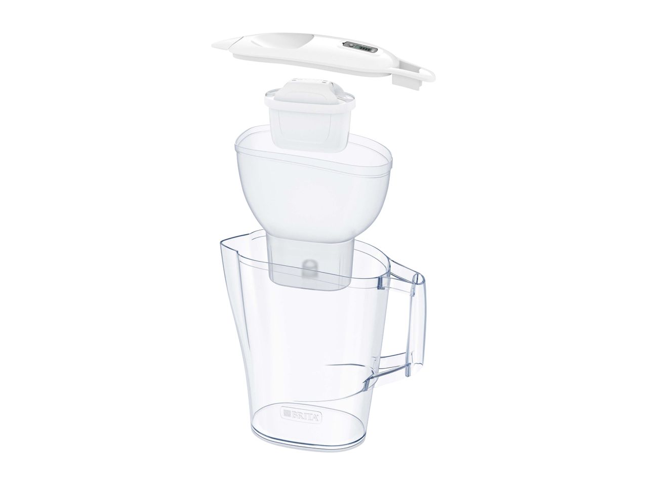 Exploded view of a water filter jug with its lid, filter, funnel, and pitcher.