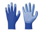Pair of blue work gloves, one showing the palm and the other the back.