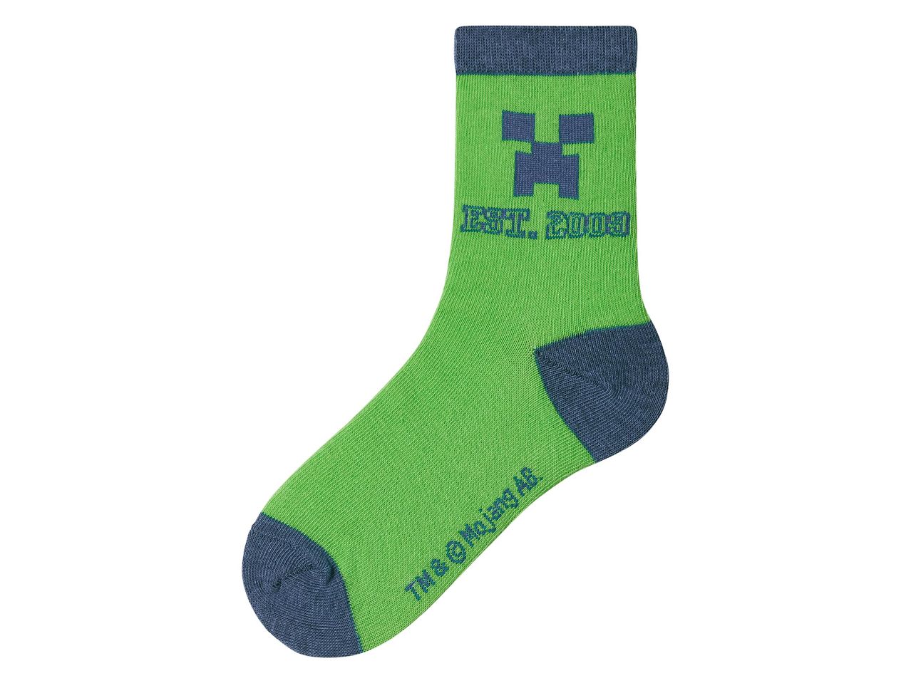 Zöld Minecraft zokni, sötétkék szegéllyel és a Minecraft logóval.