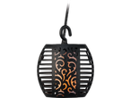 Black hanging solar lantern with a cut-out pattern.