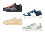 Vier Paar stylische Kinderschuhe in verschiedenen Farben und Designs.