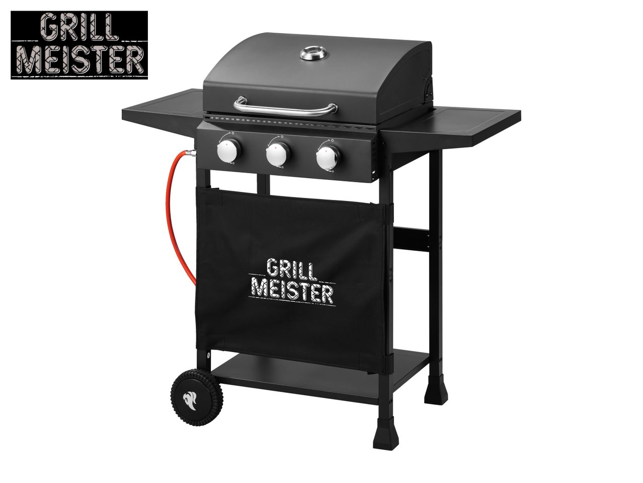 Black gas grill with three burners, side tables, and a fabric front with text.