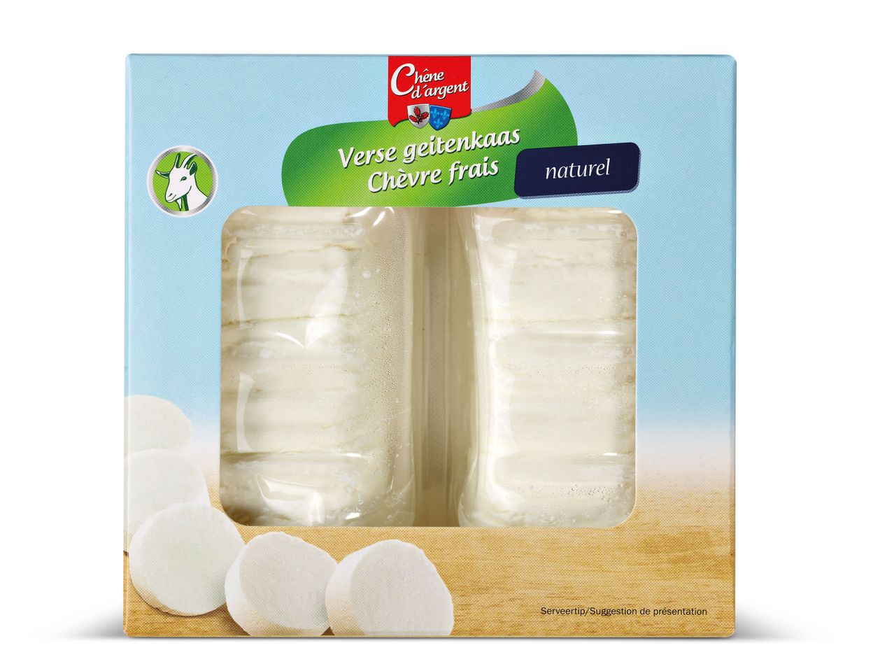 Chêne d'Argent geitenkaas: verpakking met verse, natuurlijke kaas.