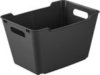 Contenitore di plastica nero con maniglie.