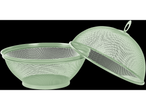 Sage green metal mesh colander and dome cover.
