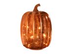 An illuminated orange pumpkin decoration with a textured, glittery finish and a small stem.