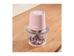 Pink food chopper with chopped red onions in a glass bowl on a wooden counter.