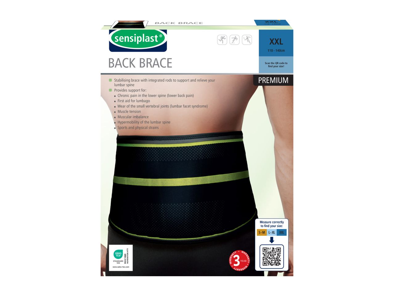 A Sensoplast back brace for lumbar support, available in XXL size, with details on its benefits and sizing.