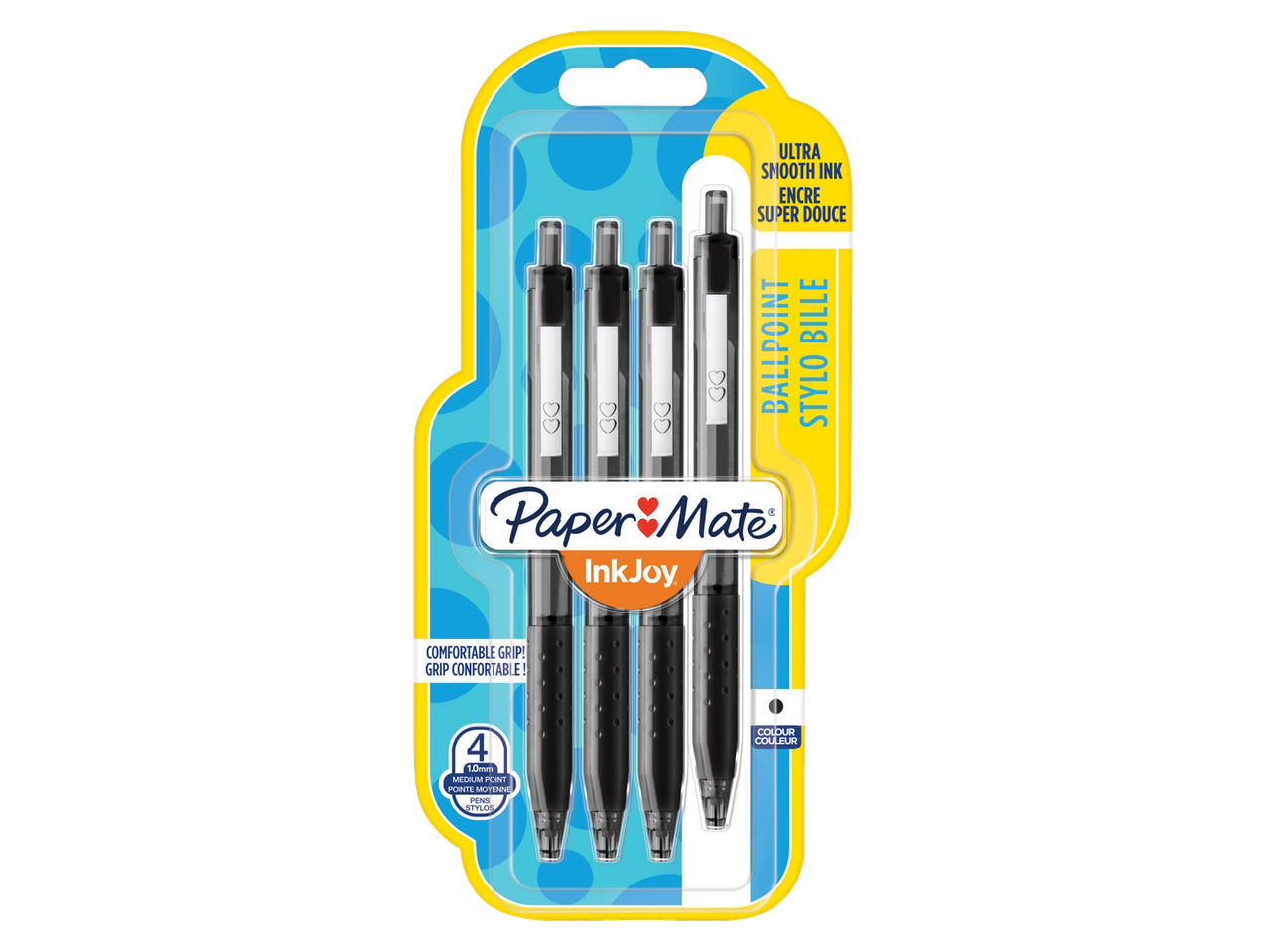 Paper Mate InkJoy balpennen, 4-pack, zwart, met comfortabele grip.