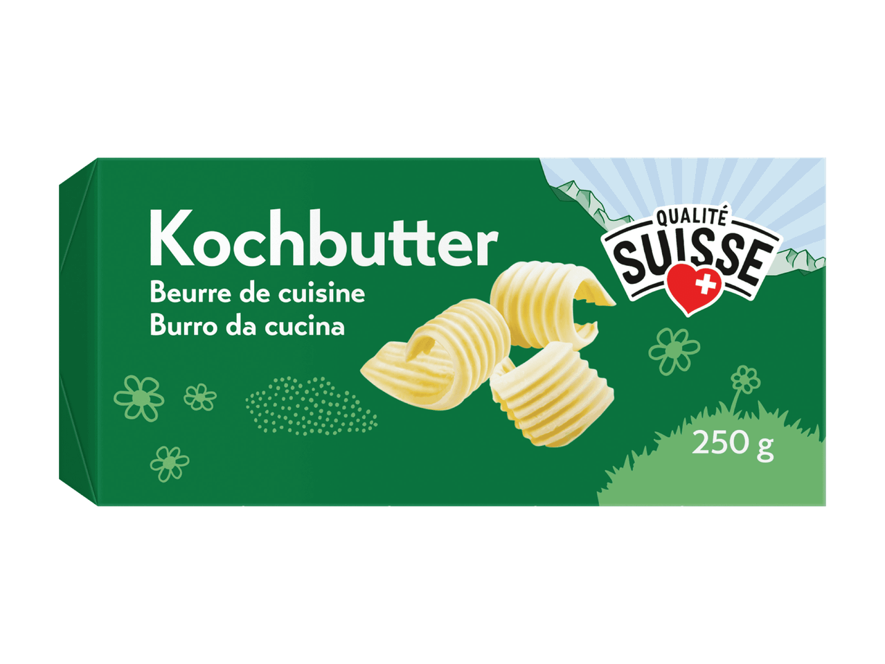 Paquet vert de beurre de cuisine avec des rosettes de beurre, des fleurs et le logo Qualité Suisse, 250 g.