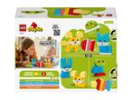 Toy box with colorful animal figures, a child and adult playing, and developmental benefits listed.