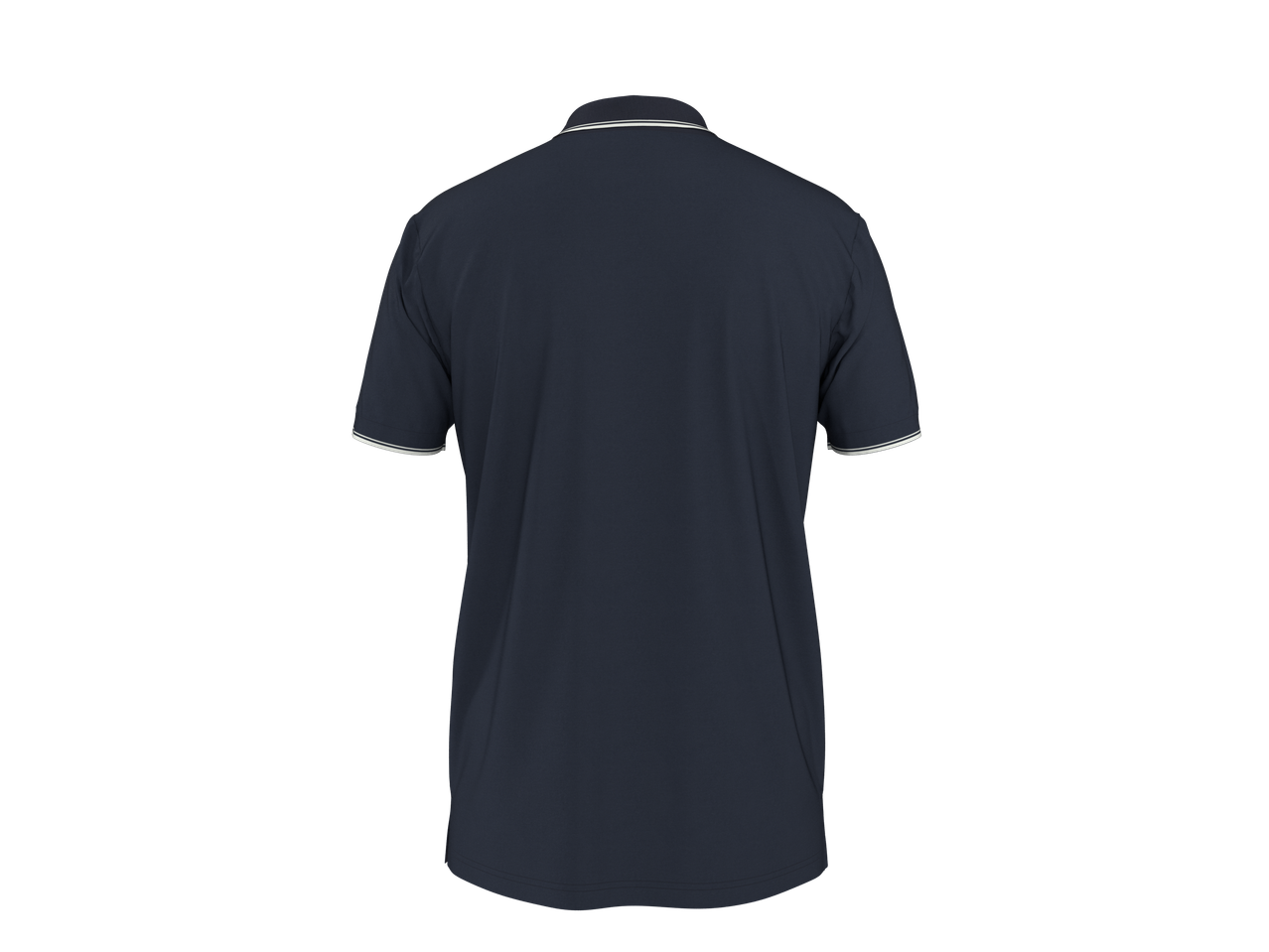 Vista traseira de uma polo masculina azul escura com gola e mangas listradas em branco.