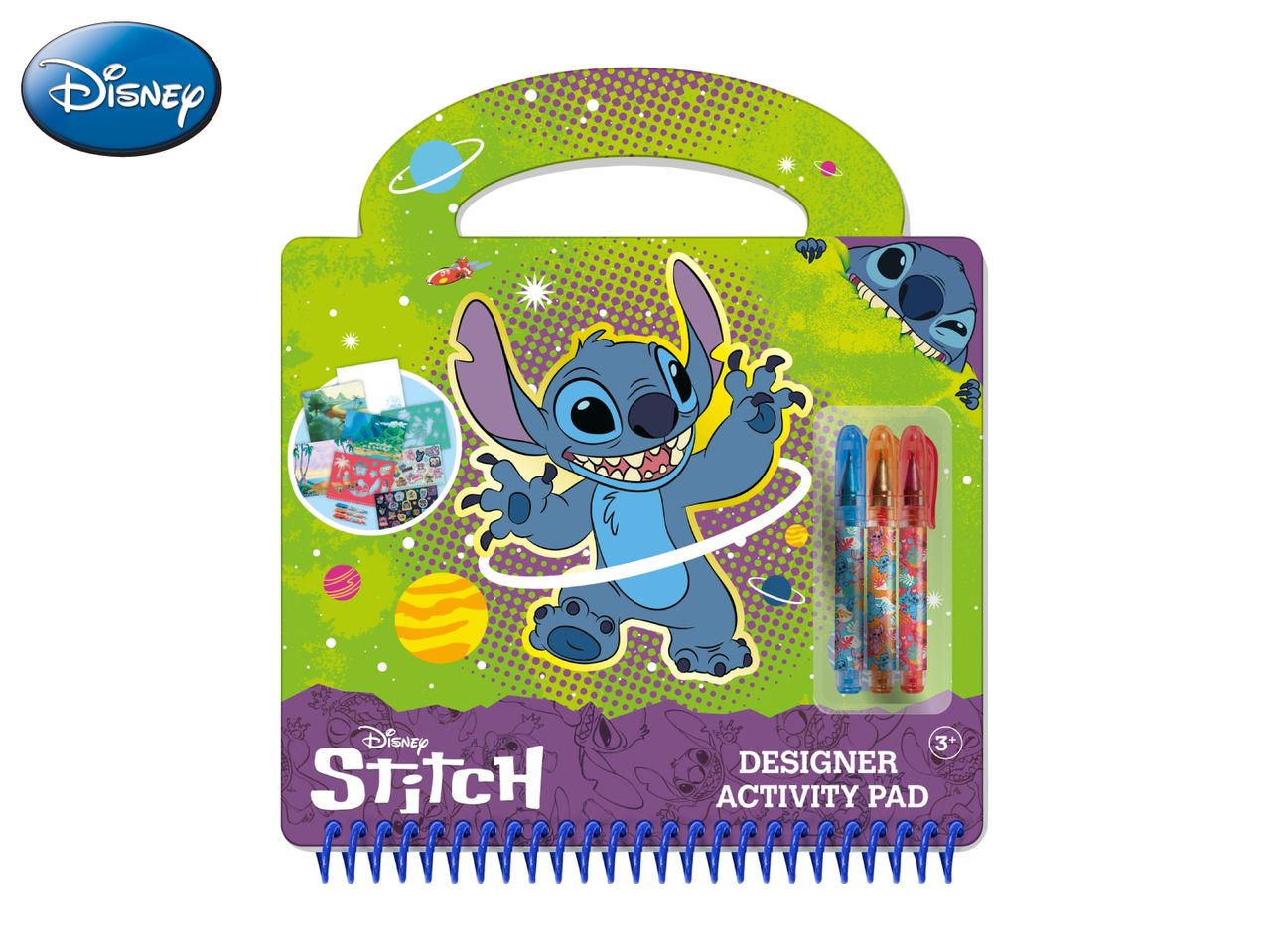 Stitch-themed activity pad with pens, featuring Stitch and space elements.
