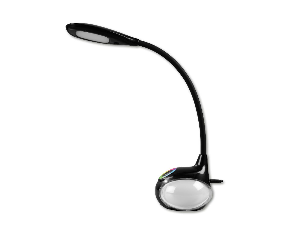 Melna galda lampa ar elastīgu kaklu un LED apgaismojumu.