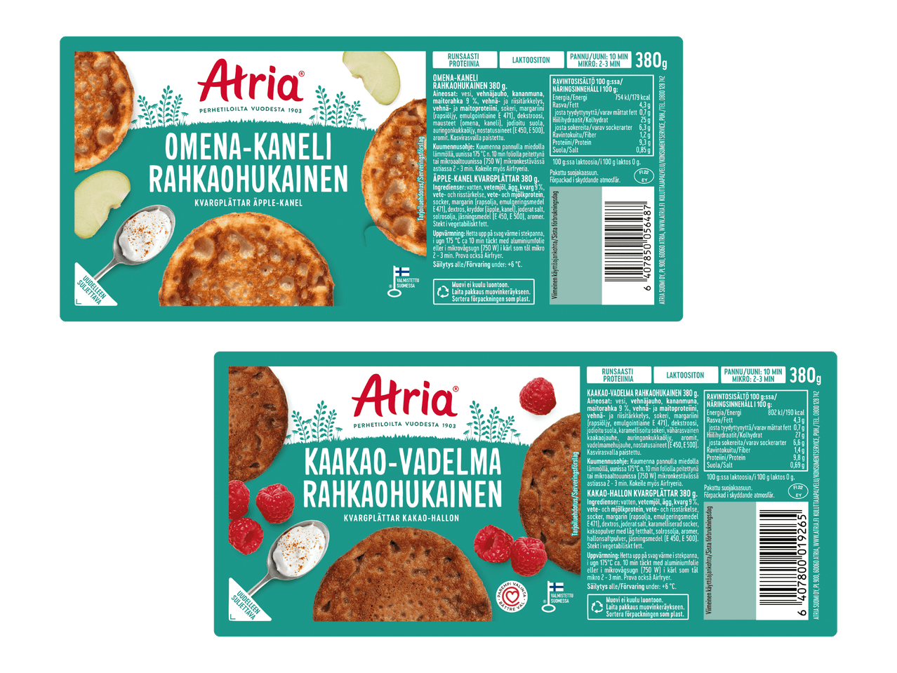 Omena-kaneli- ja kaakao-vadelmarahkaohukaiset, joissa on ravitsemustietoja ja valmistusohjeet.