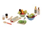 Wooden toy salad set with bowls, vegetables, grater, salt and pepper shakers, and dressing bottles.