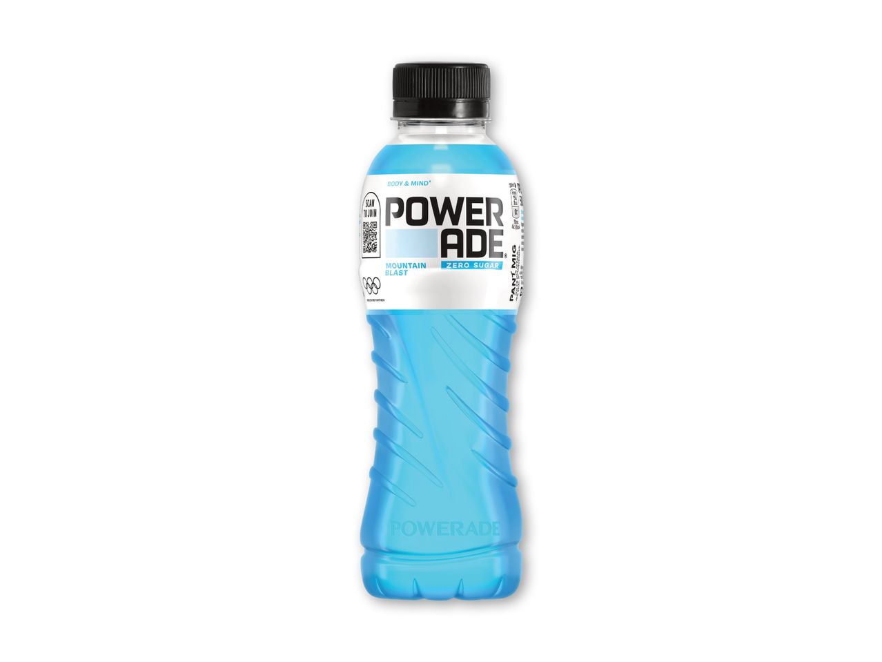 En flaske Powerade Ice blå sportsdrik.