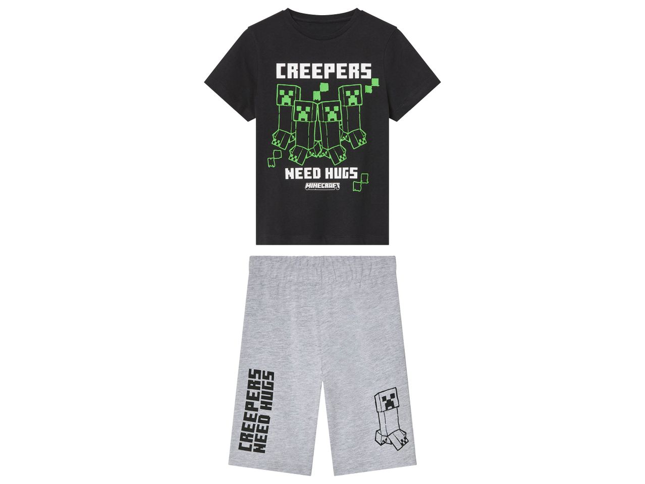 Boys' Creeper-themed pajama set: black t-shirt and grey shorts.