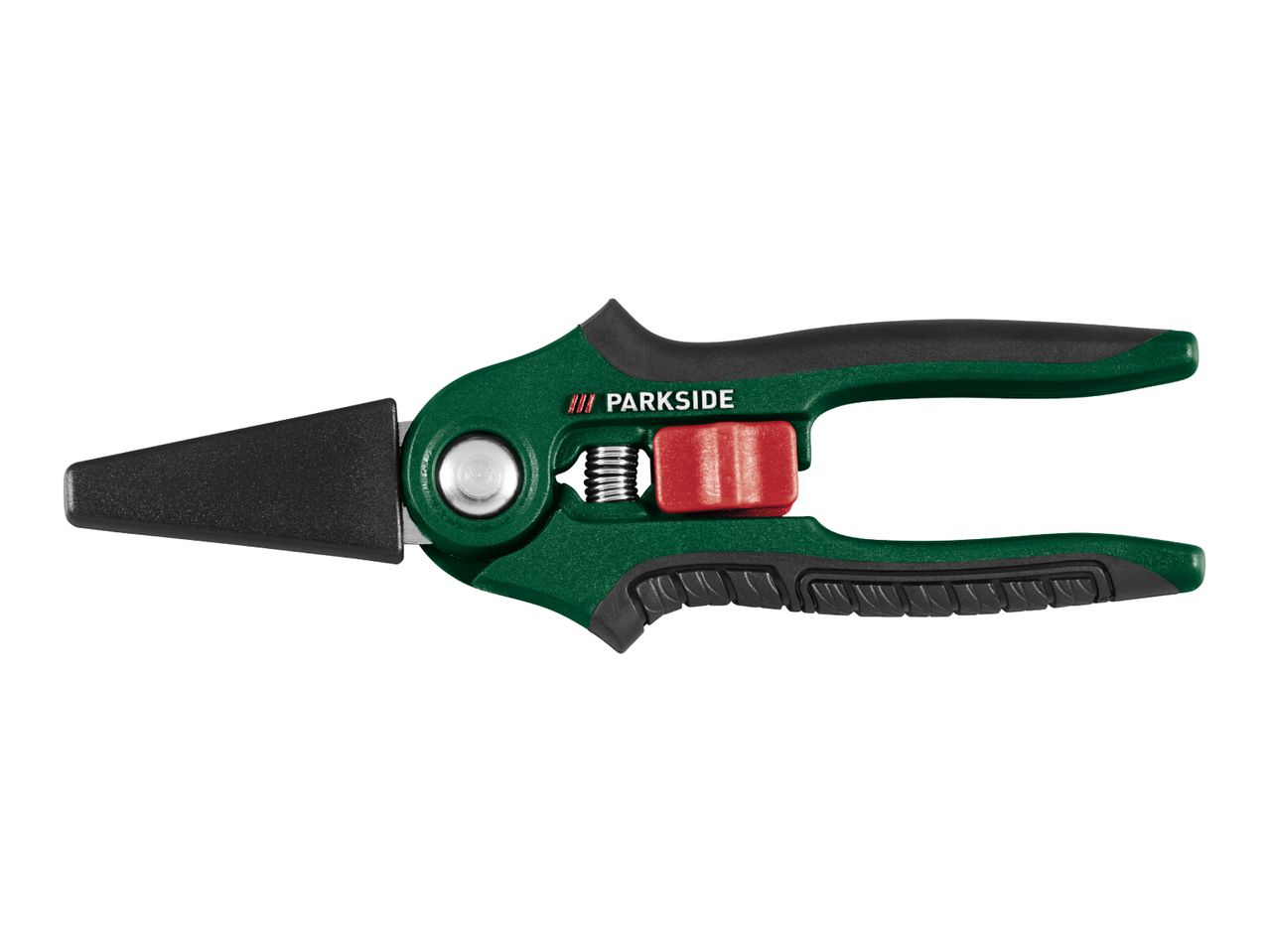 Green and black pruning shears with a red safety lock and a silver spring mechanism.