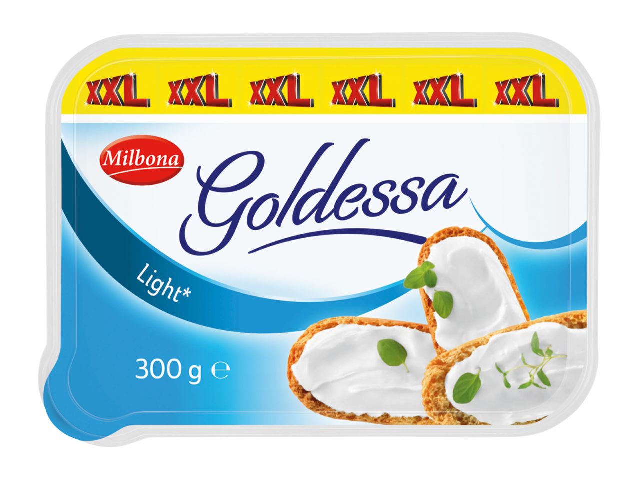 Light cream cheese spread in a 300g container, with crackers and herbs.