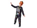 A boy in a Paw Patrol skeleton Halloween costume with a pumpkin mask.