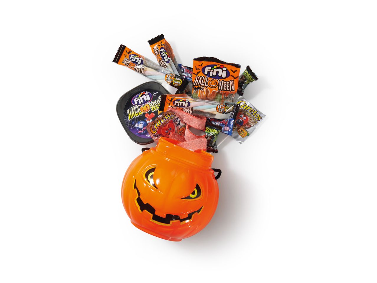 Narančasta bundeva za Noć vještica puna Fini Halloween slatkiša i bombona.