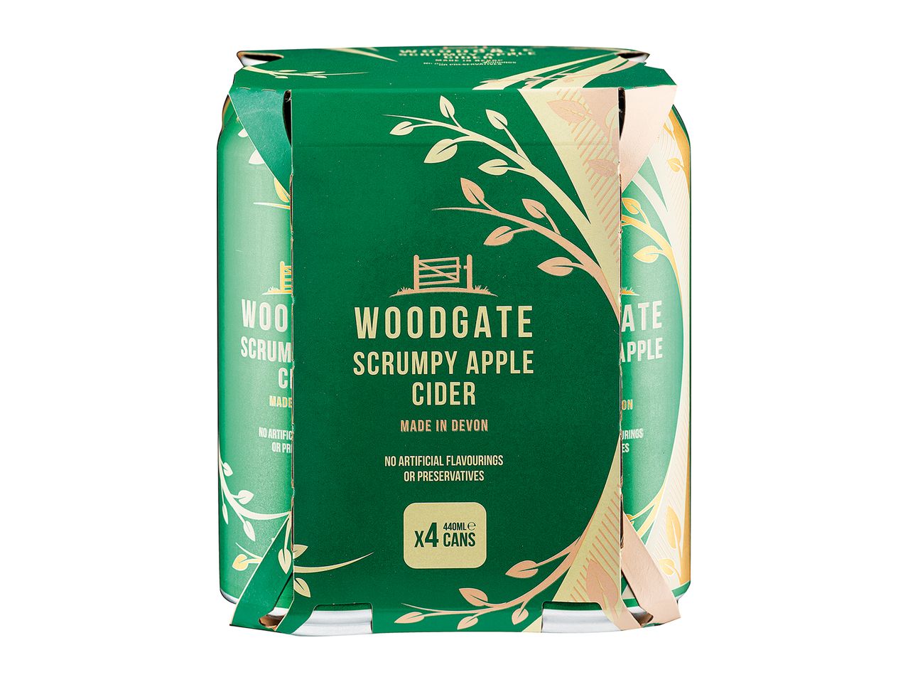 Four cans of Woodgate Scrumpy apple cider.
