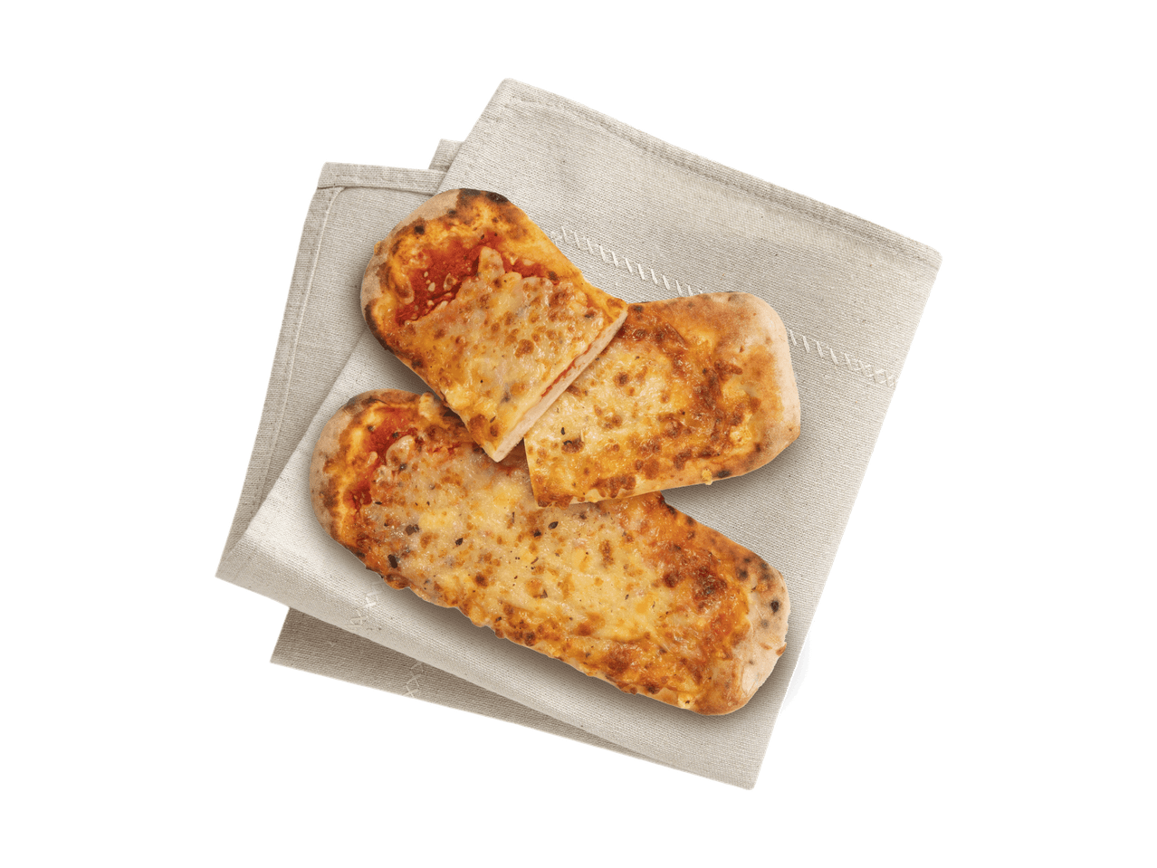 Drei Stücke Käse-Tomaten-Focaccia auf einem beigen Leinentuch.