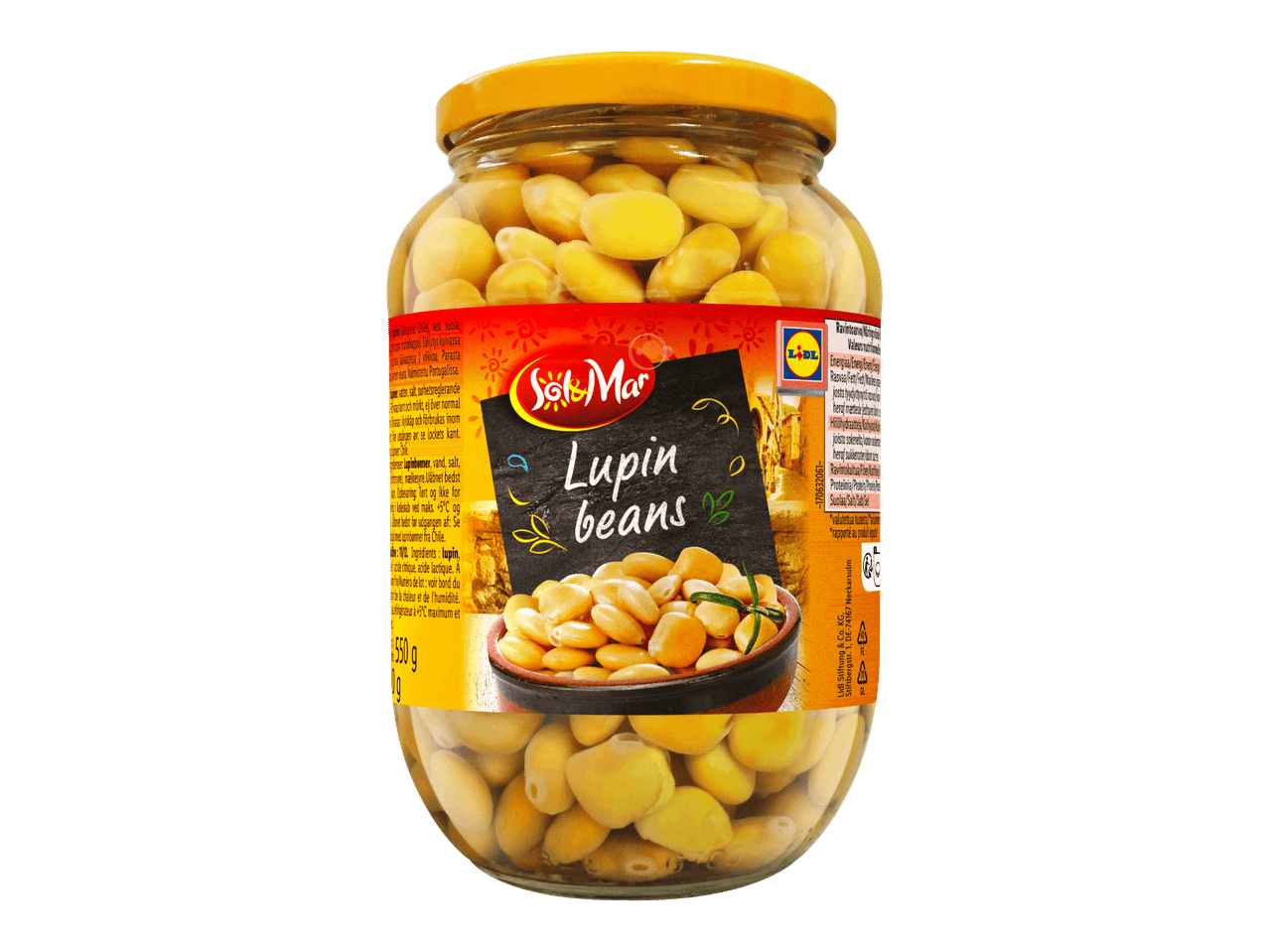 Lasipurkki lupiininpavut, joissa on punainen etiketti ja teksti 'Lupin beans'.
