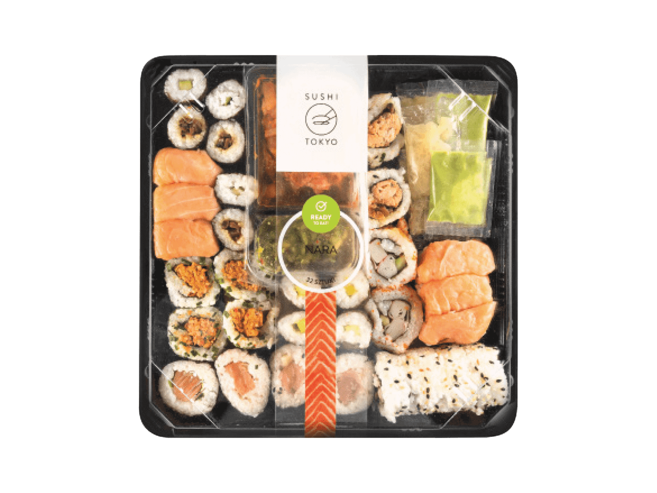 Sushi Tokyo Nara rinkinys su lašišos nigiri, maki ir kalifornijos sušiais, imbieru ir vasabiu.