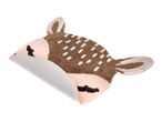 Fawn-shaped bath mat with a non-slip backing, featuring brown, pink, and white colors.