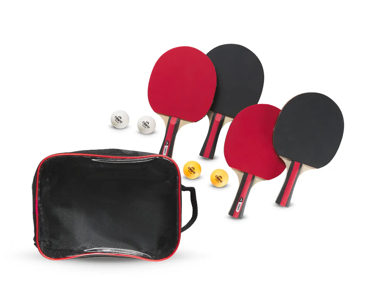 Set za stolni tenis Crivit s dva reketa, četiri loptice i torbom.