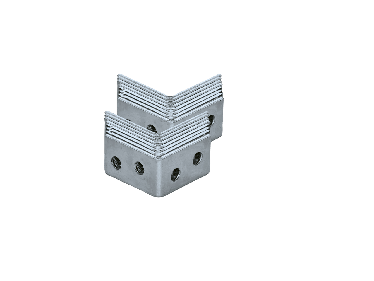 Conectores angulares/planos Parkside®, dois suportes metálicos prateados em forma de L com orifícios para parafusos.