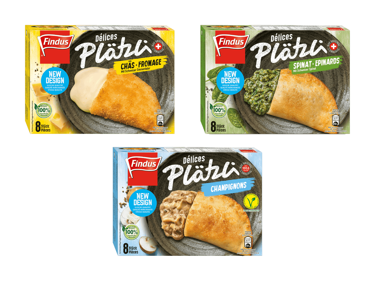 Trois paquets de galettes fourrées, aux saveurs fromage, épinards et champignons.